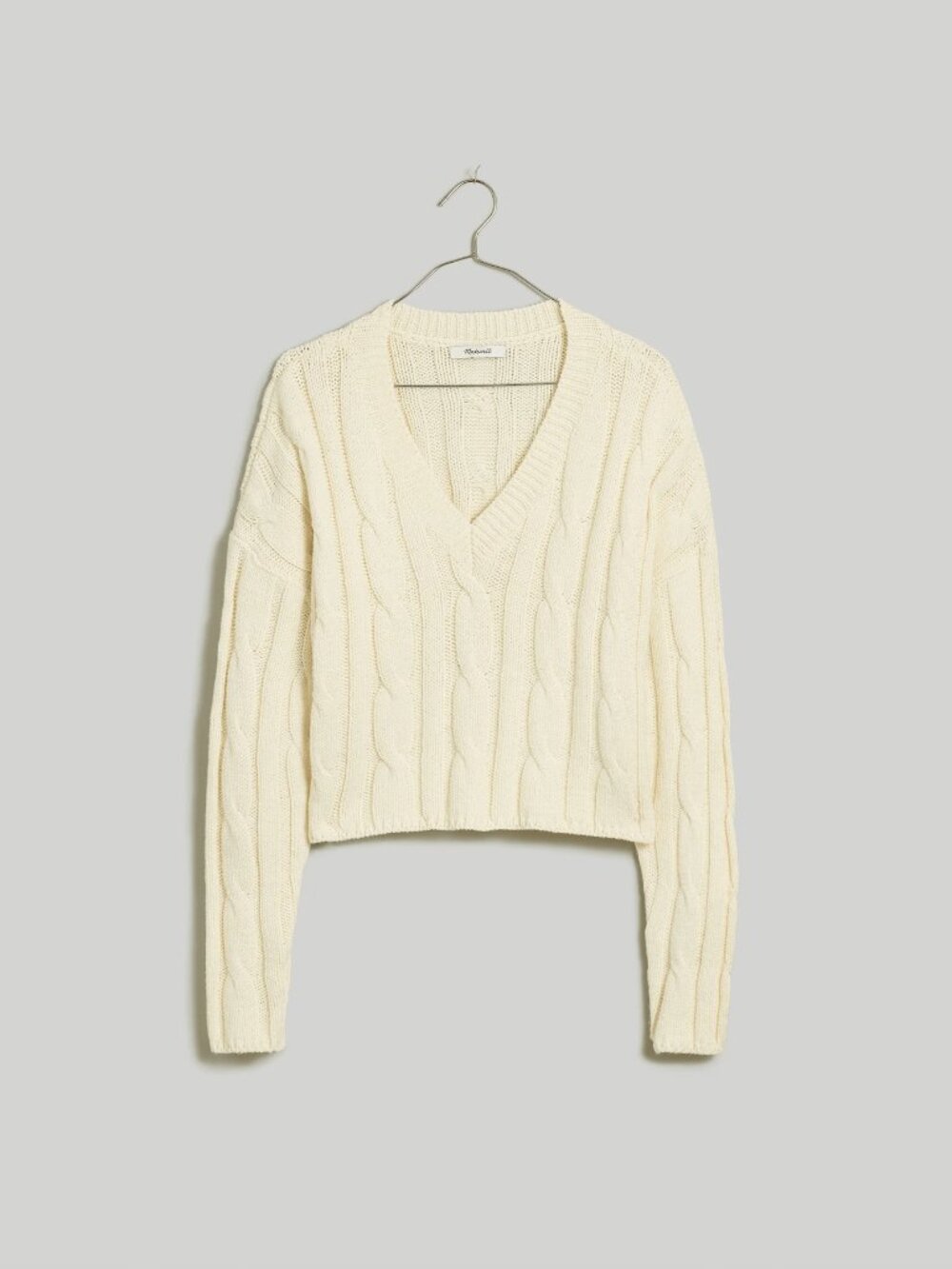 Madewell Cable-Knit V-Neck Crop Sweater XXS Cream Cotton Blend